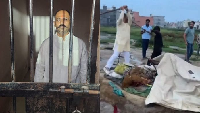 (L) Pinky Chaudhary was arrested Saturday | (R) Chaudhary & other Hindu Raksha Dal members were seen assaulting Muslim slum dwellers in a video | Special arrangement, X: @alishan_jafri