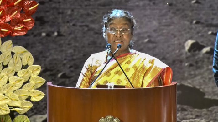 President Droupadi Murmu addresses the first National Space Day function, in New Delhi on Friday | PTI Photo