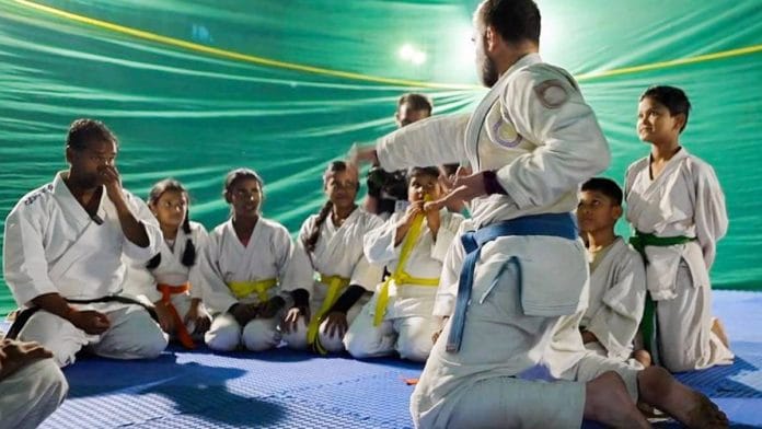 A still from a video of Leader of the Opposition in the Lok Sabha Rahul Gandhi practising jiu-jitsu during his Bharat Jodo Nyay Yatra | Photo: ANI