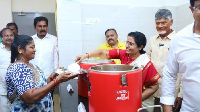 Andhra Pradesh CM Chandrababu naidu and his wife Nara Bhuvaneshwari during the reopening of one of the Anna Canteens | X/@ncbn