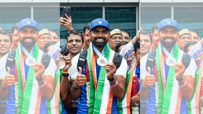 Olympic bronze medalists hockey player P.R. Sreejesh at IGI airport in New Delhi on Tuesday | ANI Photo/Jitender Gupta