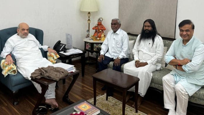 Former Jharkhand Chief Minister Champai Soren with Union Home Minister Amit Shaha and Assam Chief MInister Himanta Biswa Sarma | X/@himantabiswa