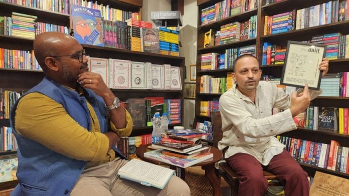 S Anand (right), the co-founder of Navayana, with IIT-Delhi professor Dickens Leonard (Left) at 'The Bookshop' in New Delhi |Photo: Rama Lakshmi, ThePrint