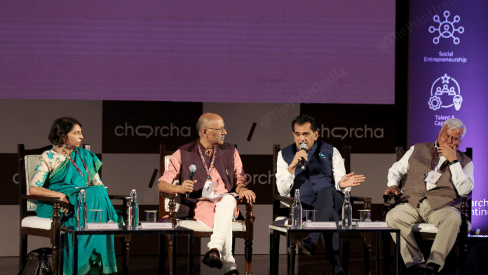 India's G20 Sherpa Amitabh Kant speaks at session moderated by ThePrint founder-editor Shekhar Gupta in New Delhi on Tuesday. Also seen are Arti Ahuja, former secretary of Ministry of Labour and Employment, and Dr RS Sharma, CEO of National Health Authority | Suraj Singh Bisht | ThePrint