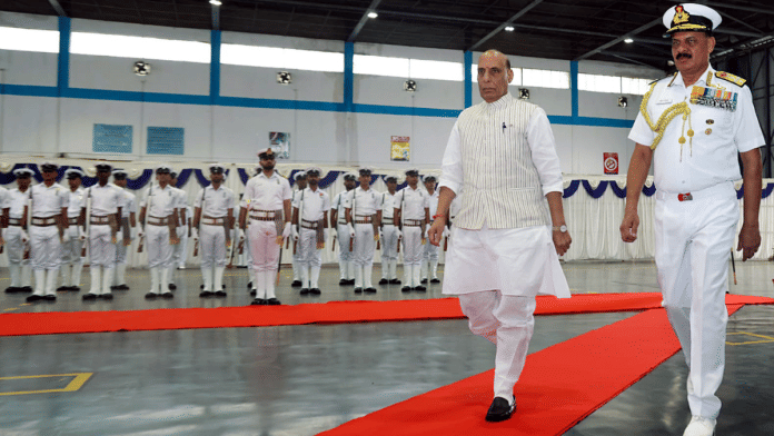 Defence Minister Rajnath Singh inspects the Guard of Honour before commissioning INS Arighaat in Visakhapatnam on Thursday | ANI