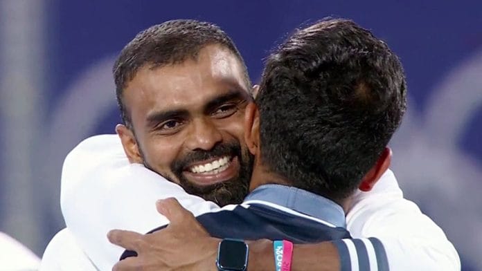 Goalkeeper PR Sreejesh after the Indian men's hockey team won against Spain at the Paris Olympics | ANI
