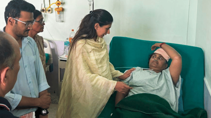 Union Minister of State for Youth Affairs and Sports Raksha Khadse meets injured people who are being treated at Tribhuvan University Teaching Hospital in Kathmandu, Nepal | Source: PTI
