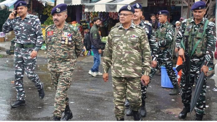 Nalin Prabhat (second from left) inspecting operational preparedness in Tral in 2023 | X/@KOSCRPF