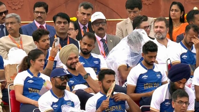 Leader of Opposition in Lok Sabha Rahul Gandhi seated along with Olympic medallists at the 78th Independence Day celebrations in Red Fort Thursday | ANI/Doordarshan
