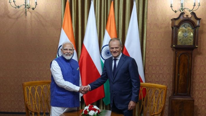PM Modi with his Polish counterpart Donald Tusk |Photo via X/@narendramodi