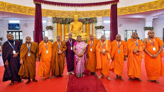President Droupadi Murmu with monks during inauguration of Buddha Vihar accompanied with a meditation centre, in Udgir, Maharashtra on Wednesday | PTI Photo