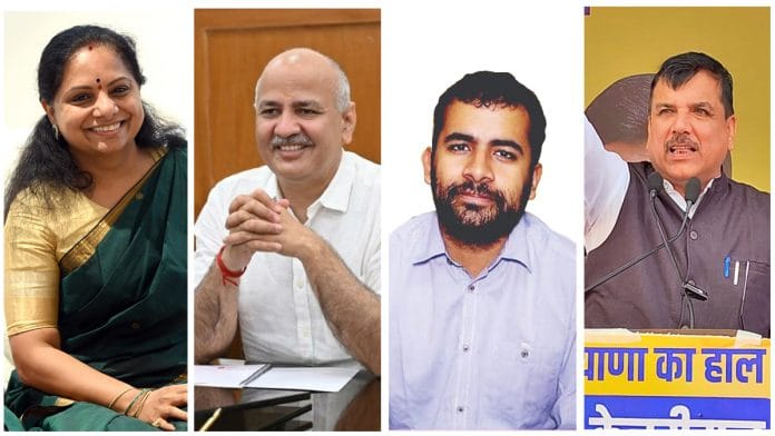File photos of BRS leader K Kavitha, former Deputy Chief Minister Manish Sisodia, AAP’s former communications in-charge Vijay Nair & AAP Rajya Sabha MP Sanjay Singh | X/Facebook