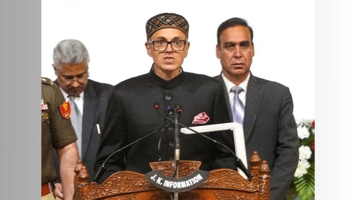 Chief minister-designate Omar Abdullah takes oath as the Chief Minister of Jammu and Kashmir, in Srinagar, Wednesday | PTI Photo/S Irfan