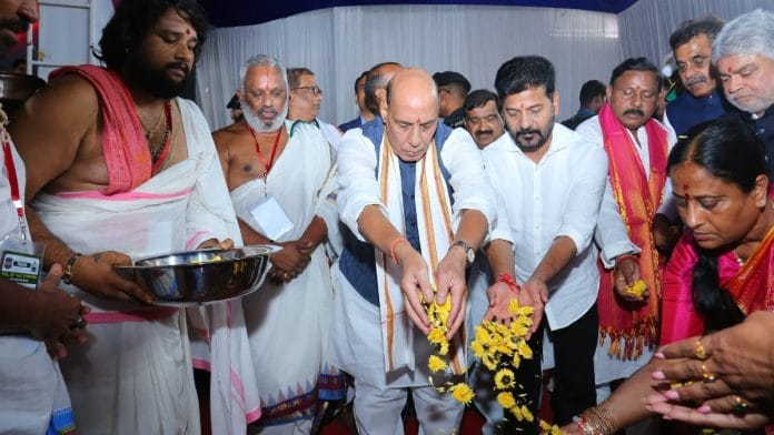 Defence Minister Rajnath Singh and Telangana CM Revanth Reddy at foundation stone laying ceremony of VLF station, Tuesday | X@revanth_anumula