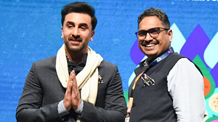 Bollywood actor Ranbir Kapoor with Sanjay Jaju, Secretary, Ministry of Information and Broadcasting during the conversation 'Celebrating the Life and Works of Raj Kapoor - 'The Greatest Showman' in the ongoing 55th International Film Festival, in Goa on Sunday | ANI Photo