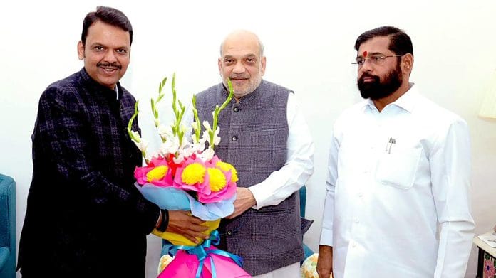 Maharashtra's caretaker CM and Shiv Sena chief Eknath Shinde and BJP leader Devendra Fadnavis meet Union Home Minister Amit Shah, in New Delhi on Thursday | ANI Photo