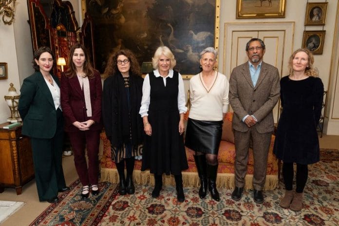 Yael van der Wouden, Rachel Kushner, Anne Michaels, Queen Camilla, Charlotte Wood, Percival Everett, and Samantha Harvey during a reception for the Booker Prize Foundation at Clarence House, London | Reuters