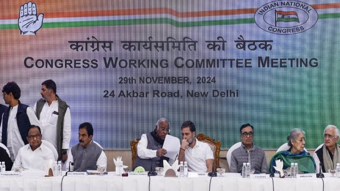 A file photo of Rahul Gandhi with Mallikarjun Kharge, K.C. Venugopal, and others at a Congress Working Committee (CWC) meeting, at AICC HQ in New Delhi. | ANI
