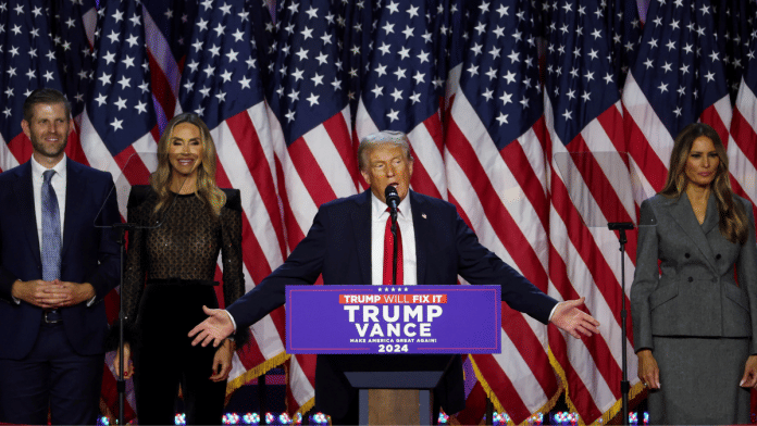 File Photo of Donald Trump addressing supporters in Palm Beach County Convention Center, in West Palm Beach, Florida on 6 Nov 2024 | Reuters/Brendan McDermid