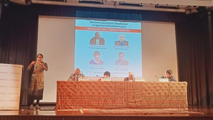 Raju Ramachandran, Maja Daruwala, RC Chavan and Arghya Sengupta at ‘The Great Cases of CJI DY Chandrachud: An Appraisal of his Judicial Legacy’, organised by the Vidhi Centre for Legal Policy | Photo: Krishan Murari, ThePrint