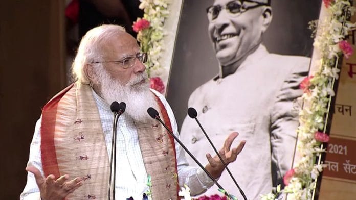 Prime Minister Narendra Modi addresses during the release the Hindi translation of the book ‘Odisha Itihaas’ written by ‘Utkal Keshari’ Dr Harekrushna Mahtab, in New Delhi, in 2021. | ANI