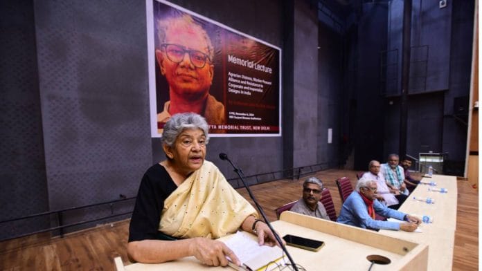 Economist Utsa Patnaik speaks at the Second P Sundarayya Memorial Lecture at HKS Surjeet Bhavan in New Delhi Wednesday | Photo: By special arrangement