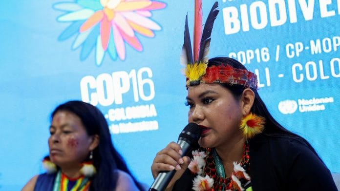 Jhajayra Machoa Mendua, leader of the A'I Cofan nationality, speaks during a press conference at the 16th United Nations Biodiversity Summit (COP16), in Yumbo, Colombia October 31, 2024. REUTERS/Luisa Gonzalez