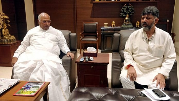 File photo of Congress president Mallikarjun Kharge and Karnataka Dy CM DK Shivakumar | ANI