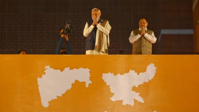 PM Narendra Modi and BJP national president JP Nadda at party HQ in New Delhi, Saturday | Manisha Mondal | ThePrint