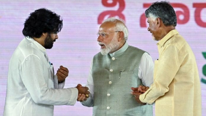 File photo of (L-R) JSP chief Pawan Kalyan, PM Narendra Modi and Andhra Pradesh CM Chandrababu Naidu | Representational image | ANI