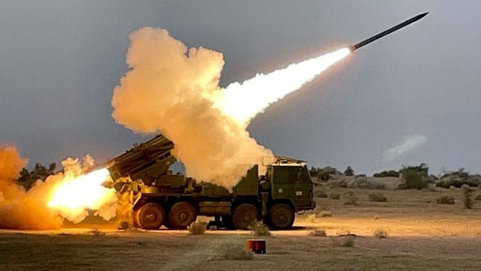 A file photo of the previous version of the Pinaka multi-barrel rocket launcher system being successfully flight-tested by Defence Research and Development Organisation (DRDO) at Pokhran range in Rajasthan. | ANI