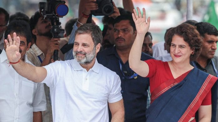 Lok Sabha LoP and Congress MP Rahul Gandhi and party General Secretary and candidate for Wayanad Lok Sabha by-elections, Priyanka Gandhi Vadra greets the gathering during a roadshow, at Sulthan Bathery in Wayanad on Monday, 11 November | ANI