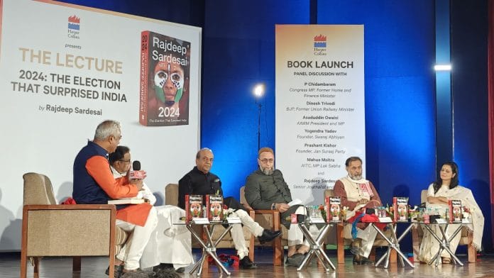 (Left to right) Rajdeep Sardesai, P Chidambaram, Dinesh Trivedi, Asaduddin Owaisi, Yogendra Yadav and Mahua Moitra at Sardesai's book launch on 26 November 2024, Tuesday | Prashant Srivastava | ThePrint