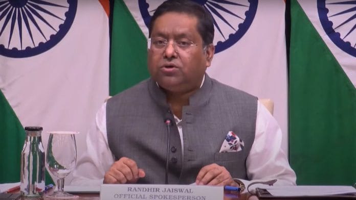 MEA spokesperson Randhir Jaiswal addressing media in New Delhi, Saturday | YouTube @MEA