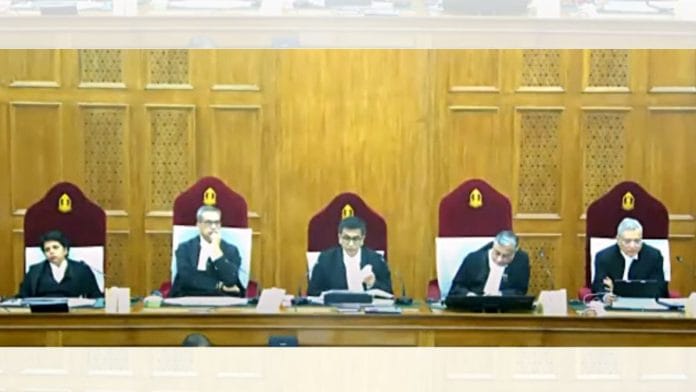 A file photo of a Supreme Court bench, led by Chief Justice of India D.Y. Chandrachud, giving its judgment in Maharashtra political crisis, in May 2023. | ANI