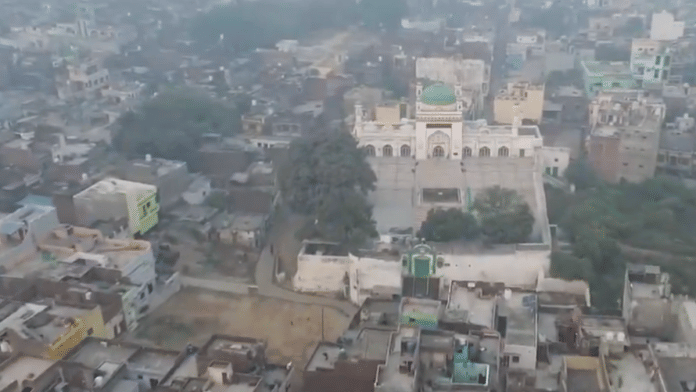 Drone visuals from Uttar Pradesh's Sambhal where an incident of stone pelting took place when a survey team arrived to conduct a survey of Shahi Jama Masjid. | X\@ANI
