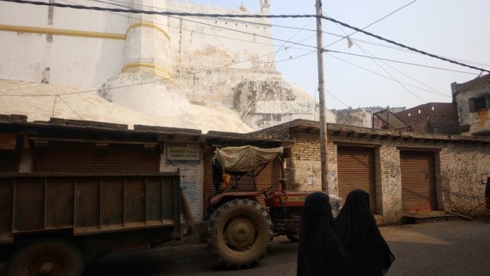 Two women walking past Shahi Jama Masjid in Sambhal, Monday | Manisha Mondal | ThePrint