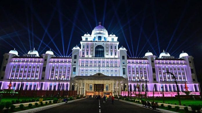 A view of the illuminated Dr. B.R. Ambedkar Telangana Secretariat building | Photo: ANI