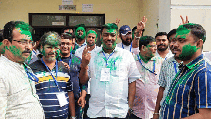 TMC candidate Sanat Dey (centre) with supporters after receiving an election certificate on winning the Naihati bypolls | ANI
