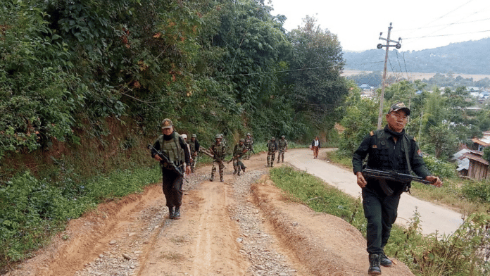 Police and security personnel during a search operation in the fringe and vulnerable areas of hill and valley districts of Manipur | X/@manipur_police