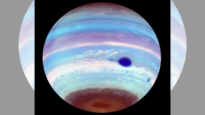 An artificially coloured view of Jupiter as seen in ultraviolet light. In addition to the Great Red Spot, which appears blue, another oval feature can be seen in the brown haze at Jupiter’s south pole. These dark UV ovals also appear periodically at the north pole, though less often | Pic credit: Troy Tsubota and Michael Wong, UC Berkeley.