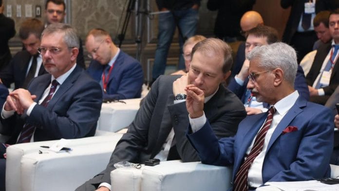 External Affairs Minister of India S. Jaishankar and First Deputy Prime Minister of Russia Denis Manturov at the India-Russia Business Forum Monday. They will co-chair the 25th session of IRIGC-TEC in New Delhi Tuesday | X/@DrSJaishankar