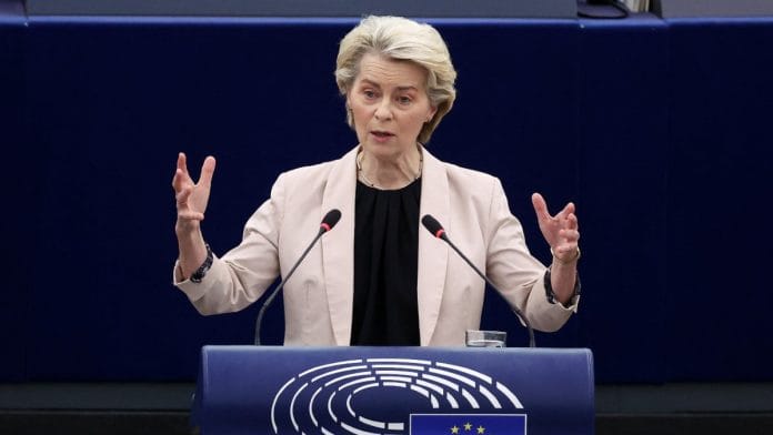European Commission President Ursula von der Leyen addressing plenary session of European Parliament in Strasbourg, France, on 27 Nov 2024 | Reuters/Yves Hermana