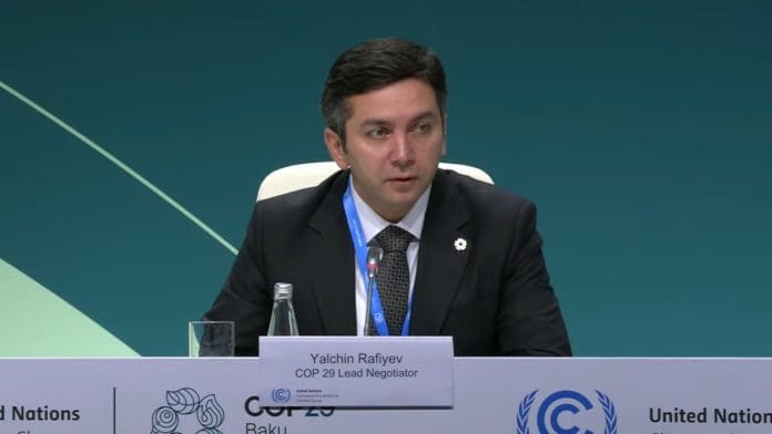 Azerbaijan’s Yalchin Rafiyev, the lead negotiator of COP29 addressing a press conference | Screengrab from live video | Youtube: COP29 AZE