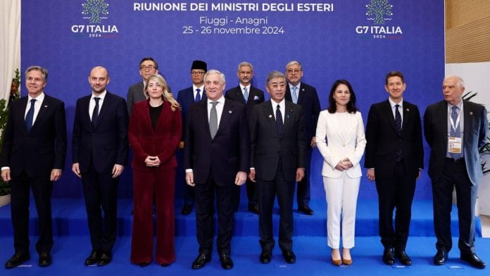 EAM S Jaishankar (back row, third from left) at the G7 FM Outreach Session in Fiuggi, Italy | Photo credit: X/@DrSJaishankar