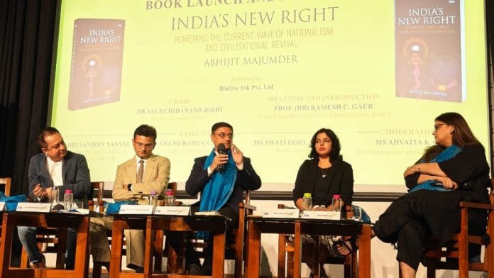 Economist and author Sanjeev Sanyal speaking at the launch of ‘India’s New Right’
