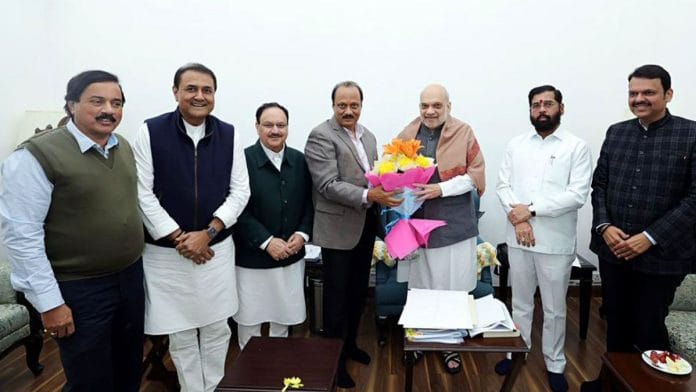 Shiv Sena chief Eknath Shinde, BJP leader Devendra Fadnavis and NCP chief Ajit Pawar meet Union Home Minister Amit Shah in New Delhi on 28 November | Photo: ANI.