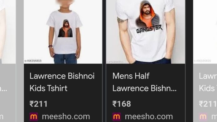 Screen grab of t-shirts with jailed gangster Lawrence Bishnoi's image available for sale on Meesho. The firm says the products have now been deactivated | X: @alishan_jafri