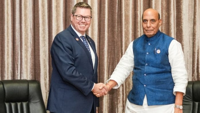 Indian Defence Minister Rajnath Singh (R) with Autralian Minister for Defence Industry and Capability Delivery Pat Conroy MP (L) | X: @rajnathsingh