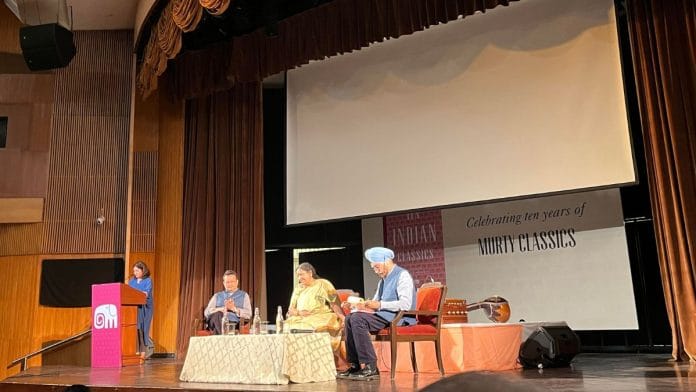 Ranjit Hoskote, Vanamala Viswanatha and Navtej Singh Sarna at India Habitat Centre for launch of 'Ten Indian Classics'